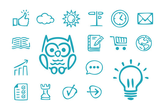 Collection of hand drawn education icons. Pedagogy. Globe. Navigation. Doodle. Simple cartoon vector illustration.