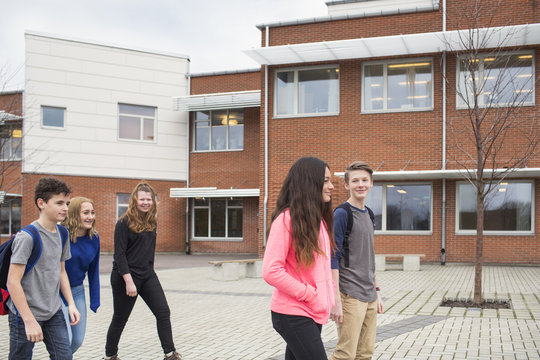 Children (12-13) in front of school building