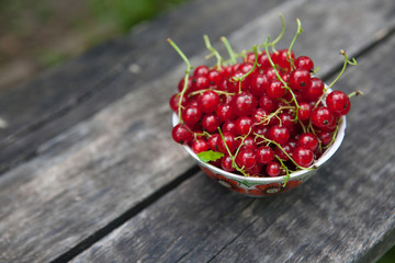 Red currants on rustic wood background, closeup, copy space
