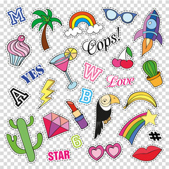 Fashion patch badges with different elements on transparent background. Set of stickers, pins, patches. collection in cartoon 80s-90s comic style. Trend. Vector illustration isolated. Vector clip art.