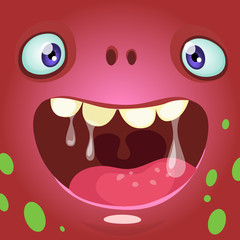 Cartoon monster face. Vector Halloween red monster avatar with wide smile
