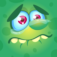 Fototapeta premium Cartoon monster face. Vector Halloween green sad monster crying
