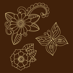Henna tattoo flower and butterfly template. Mehndi style. Set of ornamental patterns in the oriental style.
