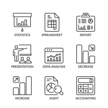 basic statistics line icons with text
