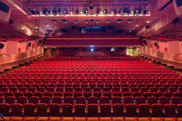 Interior of modern empty red congress hall.