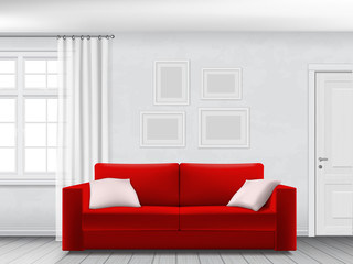 Red sofa in white interior with window, curtain and door.