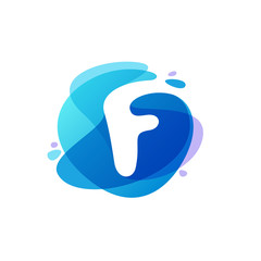 Letter F logo at blue water splash background.