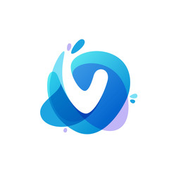 Letter V logo at blue water splash background.