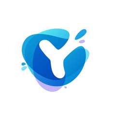 Letter Y logo at blue water splash background.