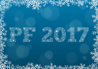 Fototapeta na wymiar PF (Pour Feliciter, Happy new year) 2017 - white text made of snowflakes on background with bokeh effect and frame made of snowflakes
