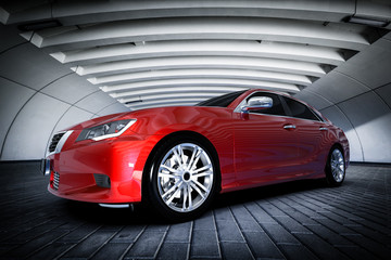 Modern red metallic sedan car in urban setting - tunnel. Generic design, brandless - obrazy, fototapety, plakaty
