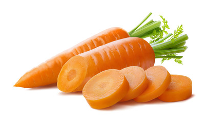 Fresh carrot and cut pieces isolated on white background as package design element - obrazy, fototapety, plakaty