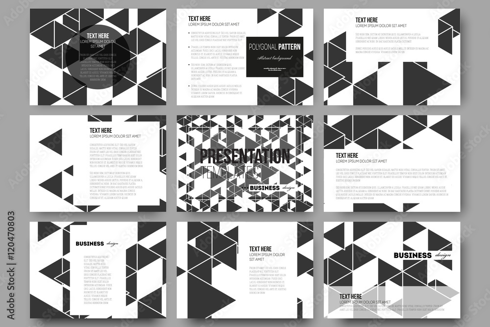 Poster set of 9 templates for presentation slides. triangular vector pattern. abstract black triangles on w