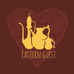 Eastern dishes. Logo in the form of a jug with Oriental ornaments. A Golden pitcher on a brown background. A sophisticated Oriental pattern.The template company's logo, corporate style, identity.
