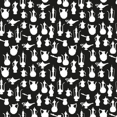 Utensils. Seamless pattern of spots of St. the form of the national Oriental dishes. Template for printing on fabric, textile, wrapping paper. Creating website design.