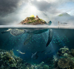 Сoncept of travel in the mountains, and under water.