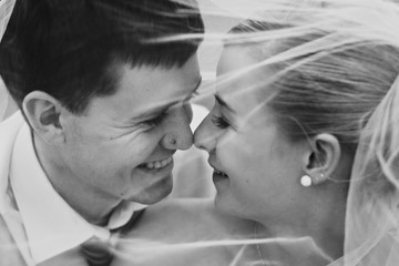 Amazing wedding couple  smiling under veil in love B&W