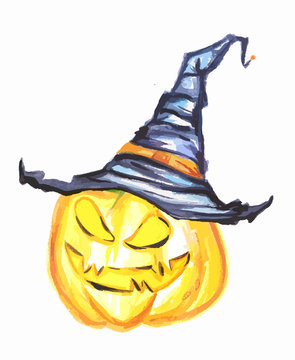 Watercolor pumpkin with witch hat