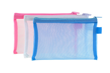 Transparent clear net bags in blue white pink ideally used as cosmetic bag, stationery pencil case,...