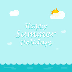 Naklejka na ściany i meble Happy summer holiday background for banner poster design, flat cartoon sea on sky backdrop vector illustration