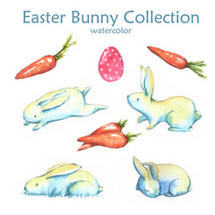 Hand-drawn watercolor collection of Easter cute bunnies, carrots and colored eggs isolated on the white background. Set of holiday Easter illustrations.