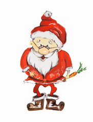 Watercolor Santa Claus. Funny smiling Santa with carrot and glasses. Red suit and white beard. Symbol of New Year and Christmas.