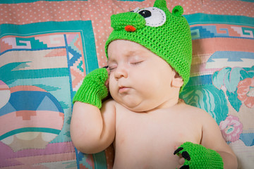 Sleeping baby with knitted hat. Baby boy, sleeping

