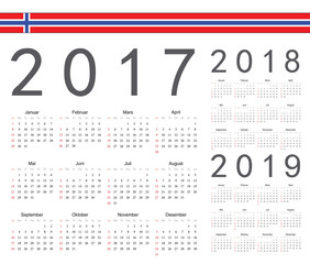 Set of Norwegian 2017, 2018, 2019 year vector calendars