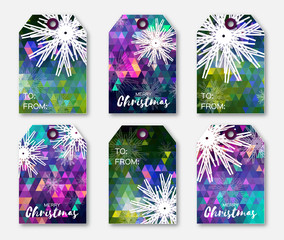 Colorful polygonal Festive collection of Christmas labels with snowflakes. Ready-to-use gift tags. Xmas and New Year Set of 6 printable origami holiday label. Vector seasonal badge design illustration