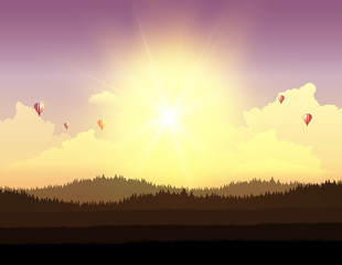 Fantasy Sunset Landscape Vector Illustration.

