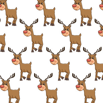 brown reindeer smiling with red nose cartoon. christmas symbol background. vector illustration