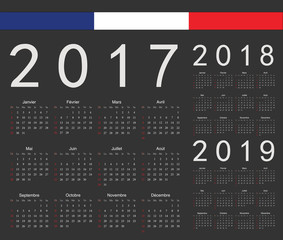 Set of black french 2017, 2018, 2019 year vector calendars