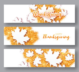 Happy Thanksgiving Day. Three Autumn Greetings card with origami white maple leaves on gold glitter background with title. 3 Abstract Paper cut Trendy Design Template for banner, flyer