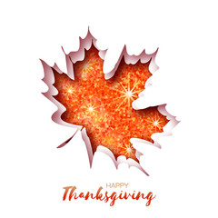 Happy Thanksgiving Day greeting card  with origami autumn red glitter maple leaves on white background with title. Paper cut Trendy Design Template.