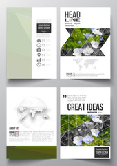 Set of business templates for brochure, magazine, flyer, booklet or annual report. Polygonal floral background, blurred image, blue flowers in green grass closeup, modern triangular texture
