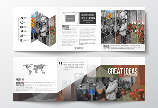 Vector set of tri-fold brochures, square design templates. Polygonal background, blurred image, urban landscape, cityscape, modern triangular texture
