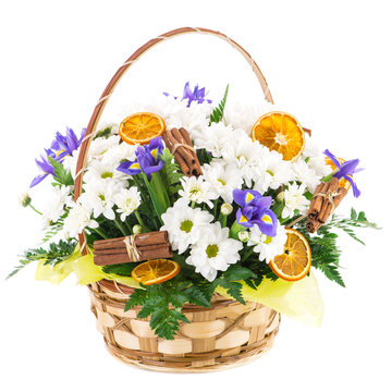 Basket With Fresh Flower, Cinnamon And Orange, Gift, Isolated On