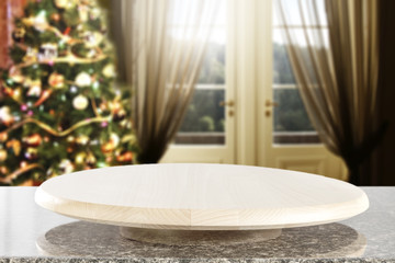table background and window with xmas tree 