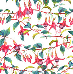 Hand-drawn watercolor seamless floral pattern with colorful vibrant pink fuchsia branches. Tropical exotic flowers blossom on the white background. Repeated print for the textile, wallpapers