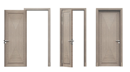 Tre porte in legno aperte e chiuse render 3d - obrazy, fototapety, plakaty