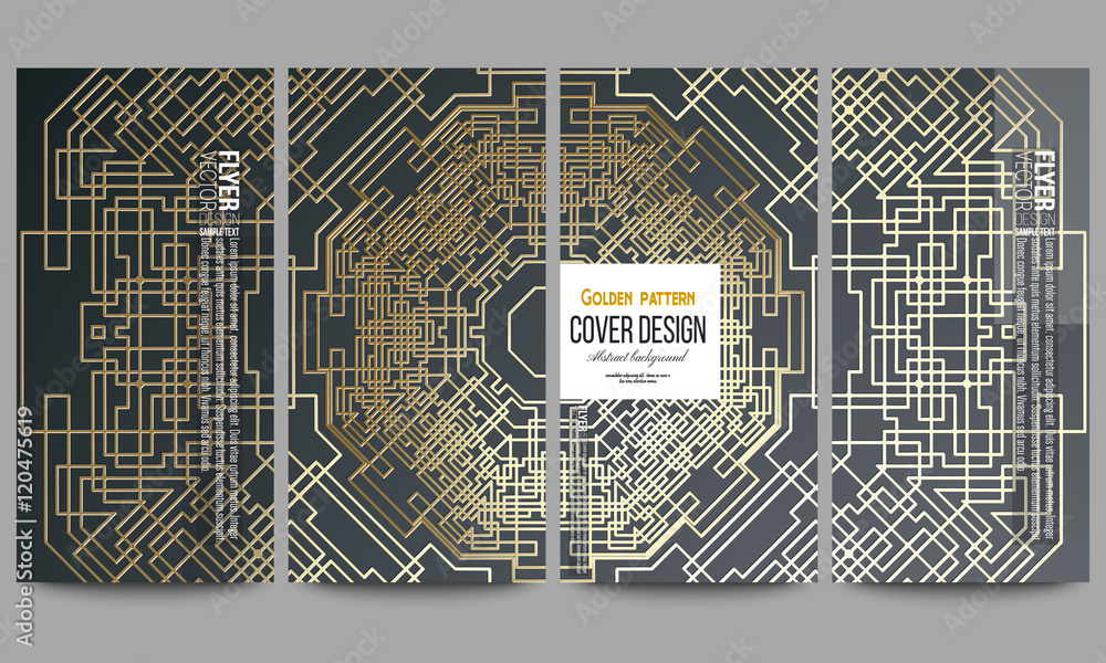 Poster set of modern flyers. golden technology pattern on dark background with connecting lines and dots, c