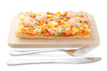 Homemade delicious fresh a slice of pizza on wooden plate.