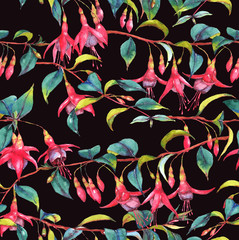 Hand-drawn watercolor seamless floral pattern with colorful vibrant pink fuchsia branches. Tropical exotic flowers blossom on the black background. Repeated print for the textile , wallpapers