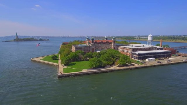 Aerial footage of Ellis Island USA