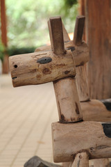 Closeup of vintage wooden toy rocking horse.