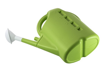 Green plastic watering can isolated on white background.