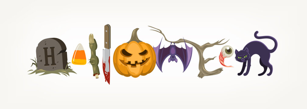 Halloween holiday greeting compiled from halloween objects or symbols. Vector illustration.