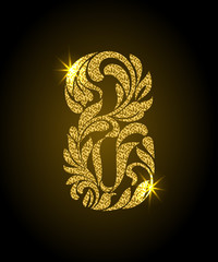 8. Decorative Font with swirls and floral elements. Ornate decorated digit eight with golden glitter