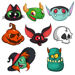 Halloween characters faces set. Bat, witch cat, grim reaper, green monster, witch, vampire and pumpkin 