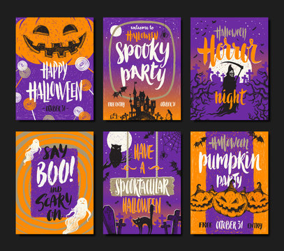 Vector set of Halloween holidays hand drawn posters or greeting card with handwritten calligraphy quotes, words and phrases.
